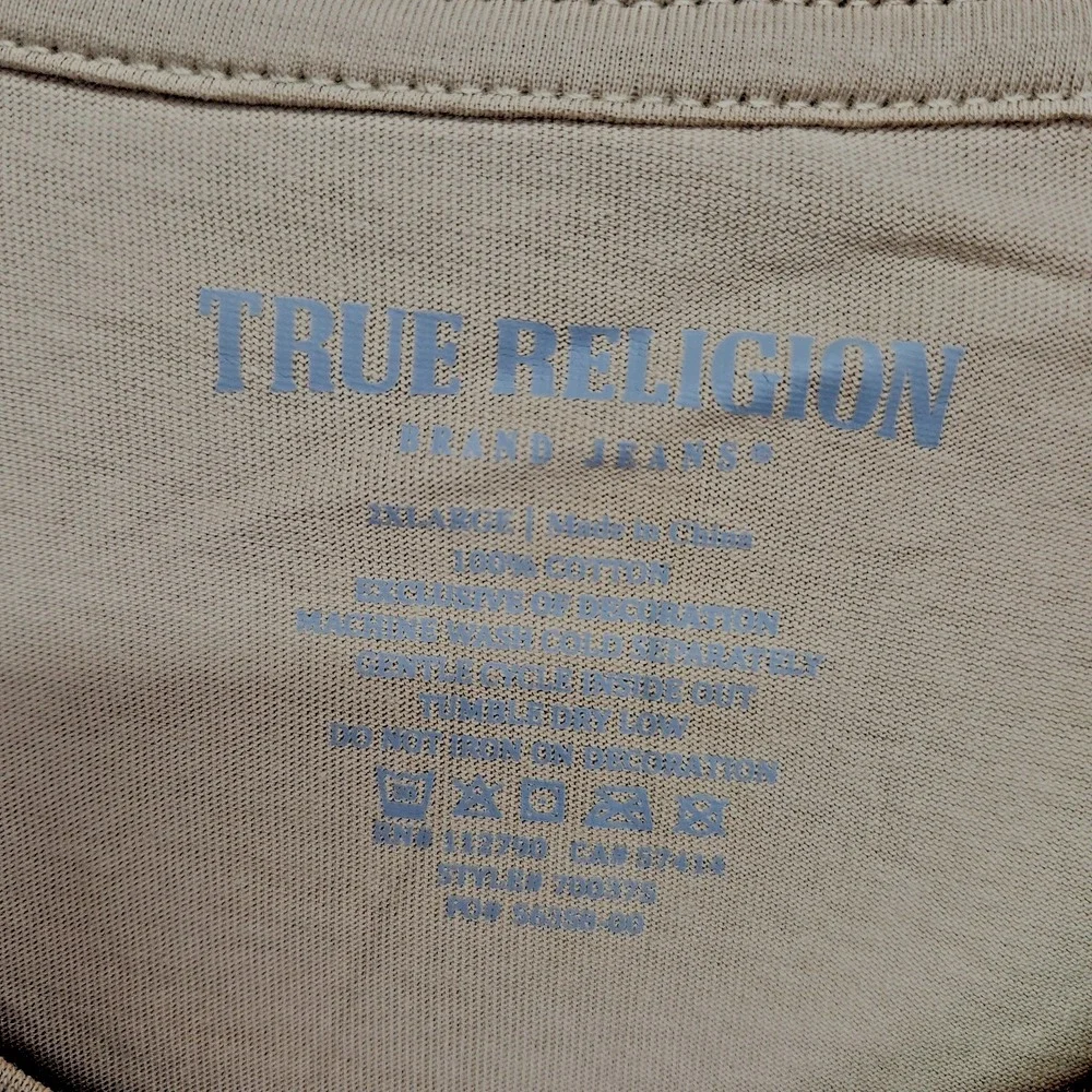 True Religion Shirt Mens 2XL‎ Beige Foil Taping Long Sleeve Logo Graphic XXL